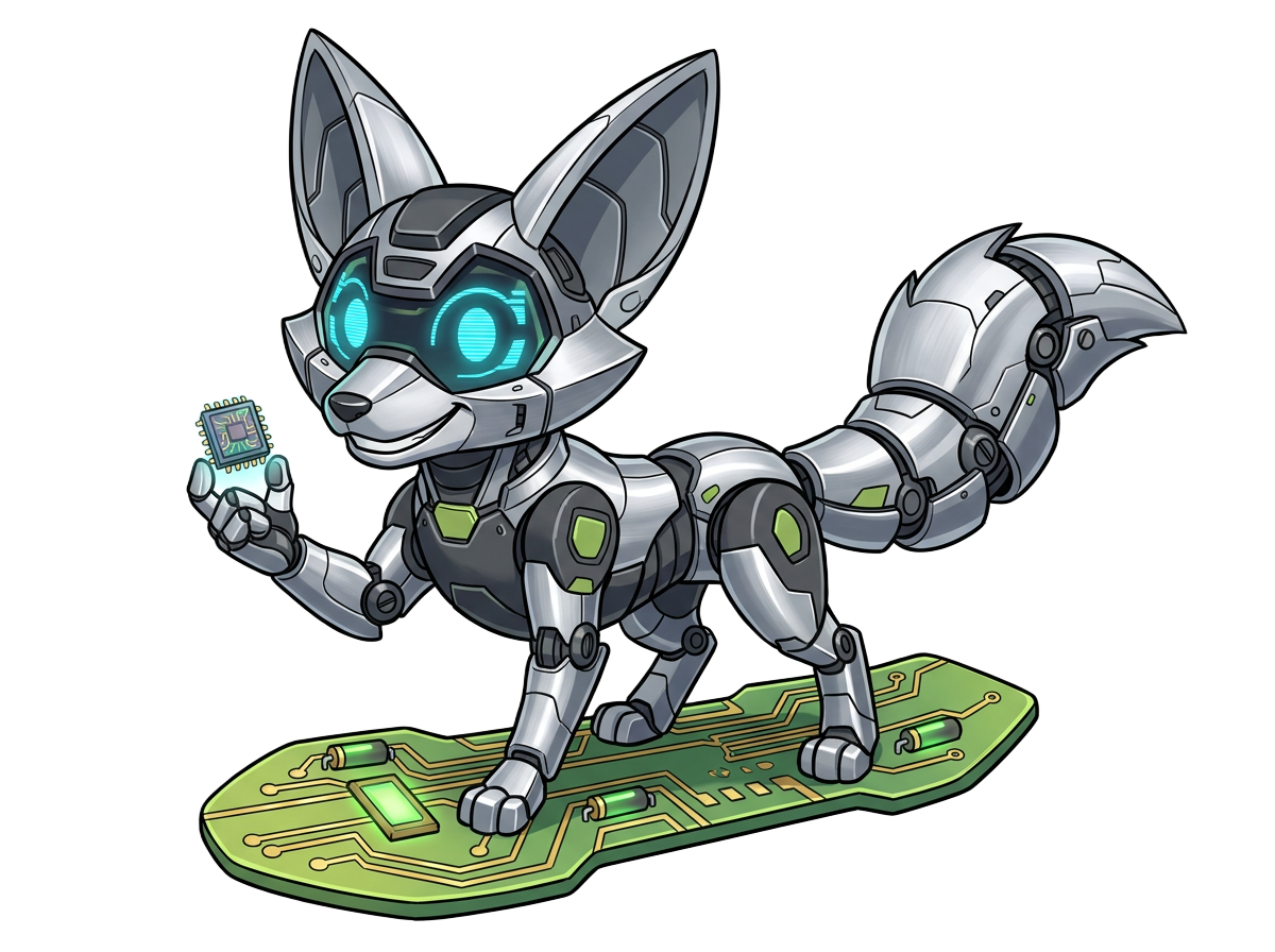 Original silver robotic fox riding a circuit-board hoverboard
