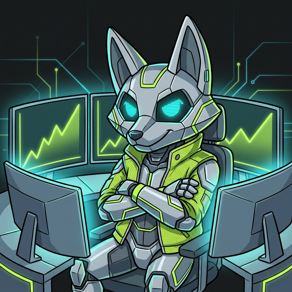 Original robotic fox trading at a futuristic desk